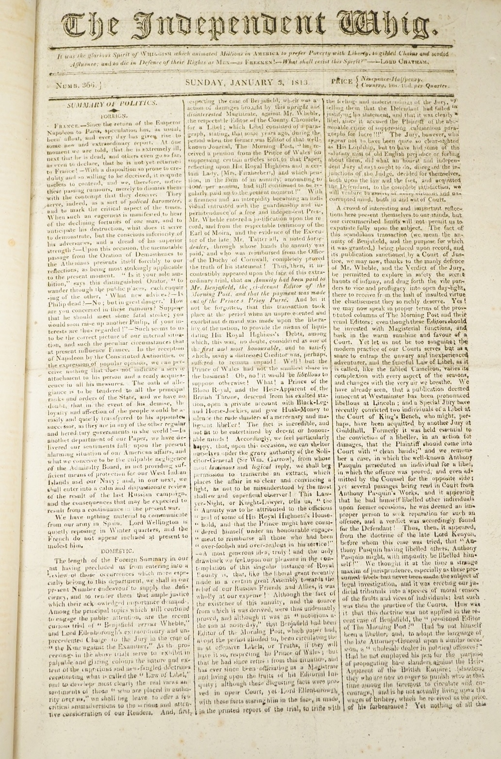 The Independent Whig - nos. 366-400, January-August 1813, i.e. 35 issues bound together, contemp. half calf and marbled boards, gilt ruled panelled spine with red label, folio